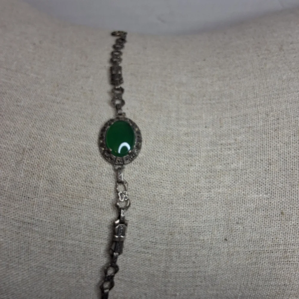 Vintage Art Deco Sterling Marcasite Green Chalcedony Bracelet Oval Cabochon - Picture 6 of 8